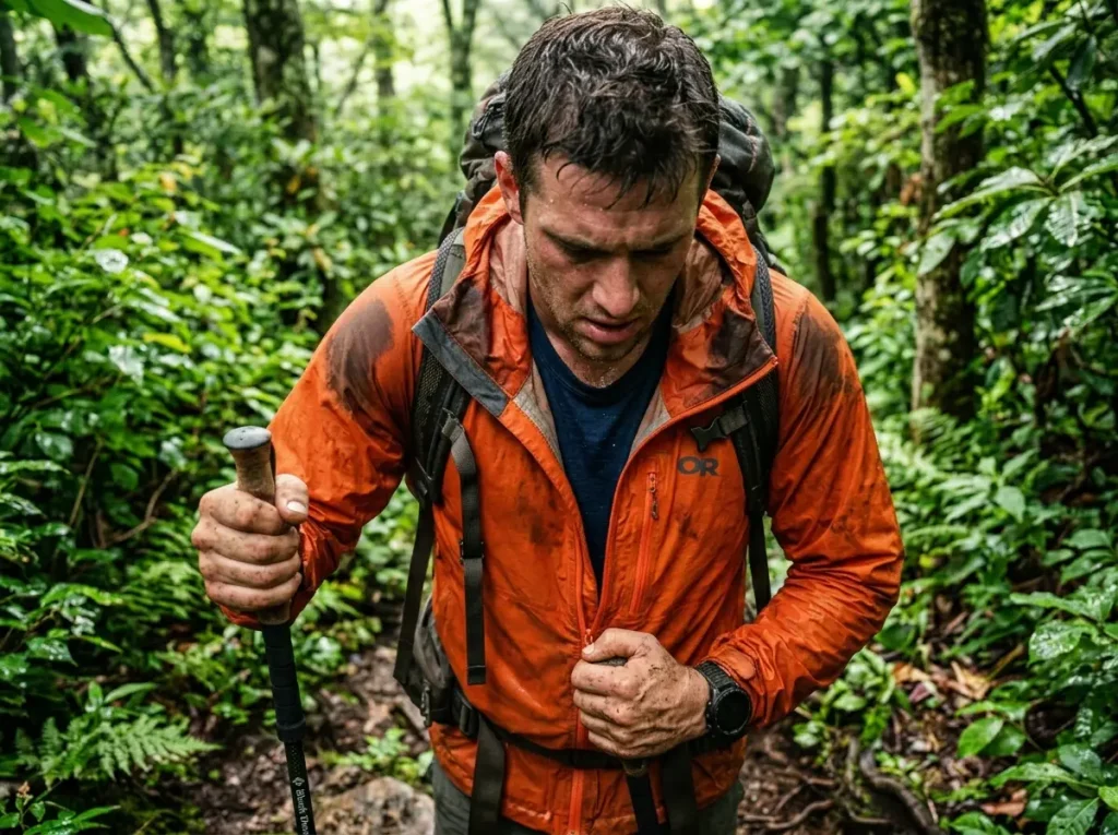 Sweating hiker unzipping an Outdoor Research rain jacket in high trail humidity