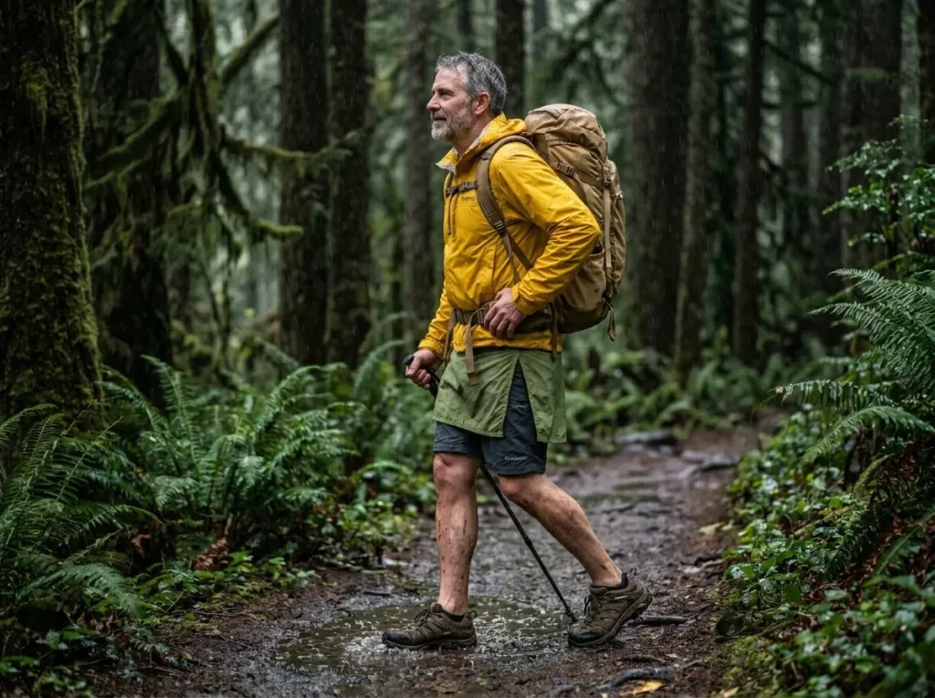 Male hiker walking comfortably in heavy rain wearing an olive green ULA rain kilt