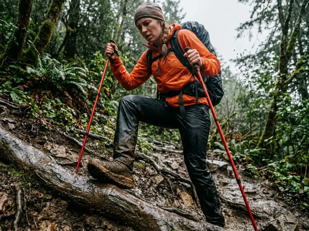Hiker stepping up a steep muddy trail wearing Enlightened Equipment Visp rain pants