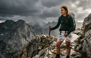 Rain Pants vs Rain Skirt for Hiking? The Safety Matrix Female hiker bracing against wind on a dark ridge wearing a translucent Zpacks DCF rain skirt and using trekking poles