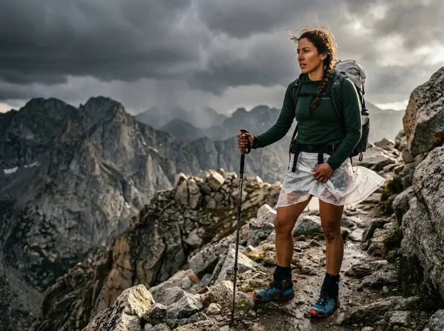rain-pants-vs-rain-skirt-hiking Female hiker bracing against wind on a dark ridge wearing a translucent Zpacks DCF rain skirt and using trekking poles