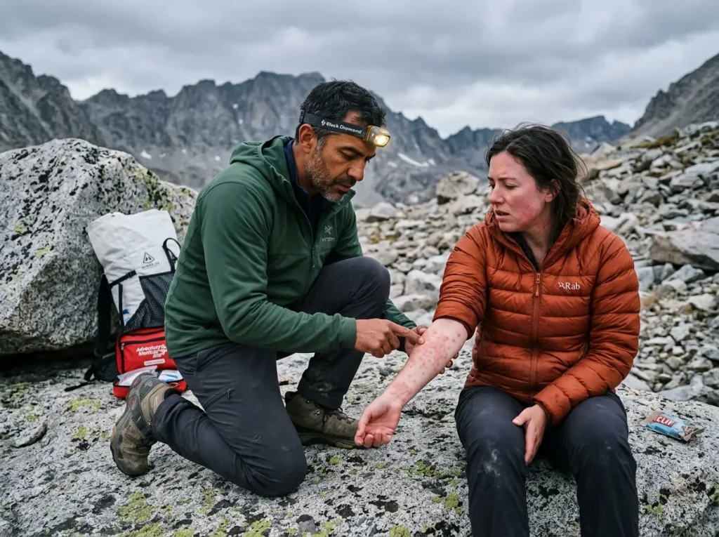 Hiker inspecting trail partner's arm for hive signs after insect sting on backcountry talus