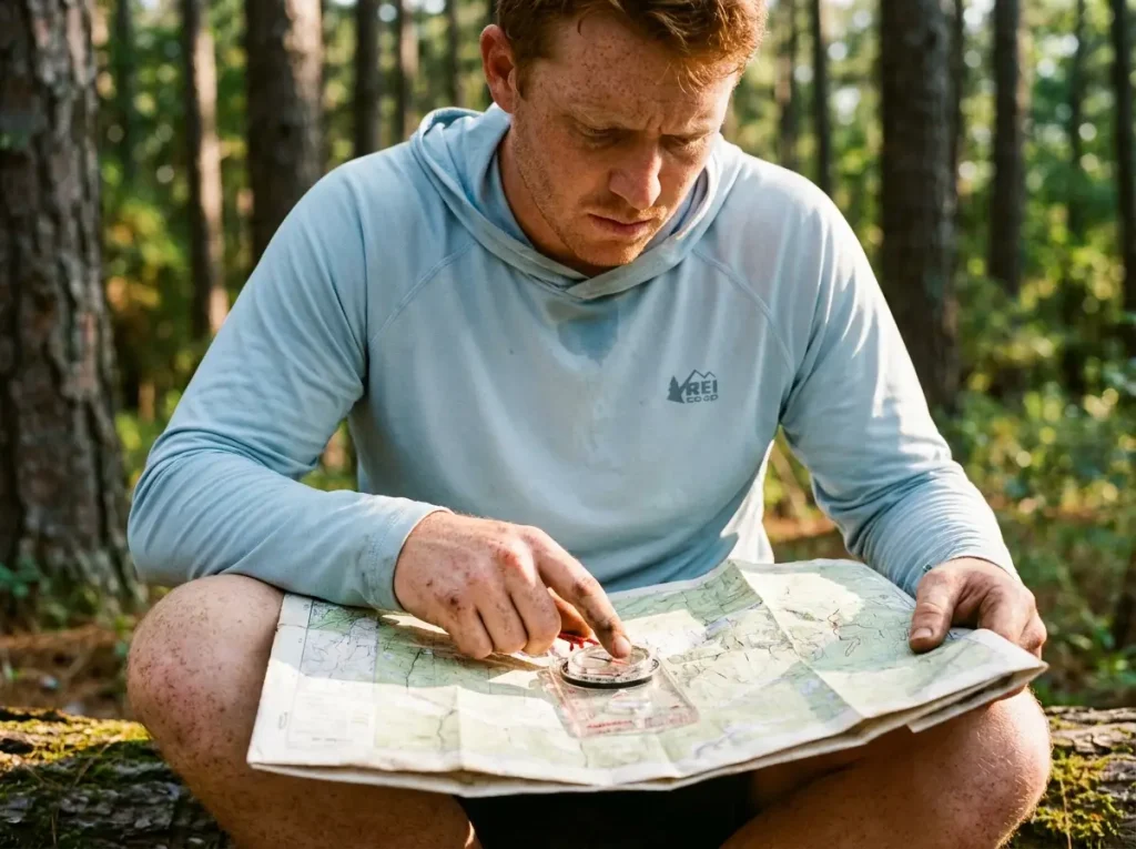 Hiker using a Suunto compass to read contour lines and map intervals
