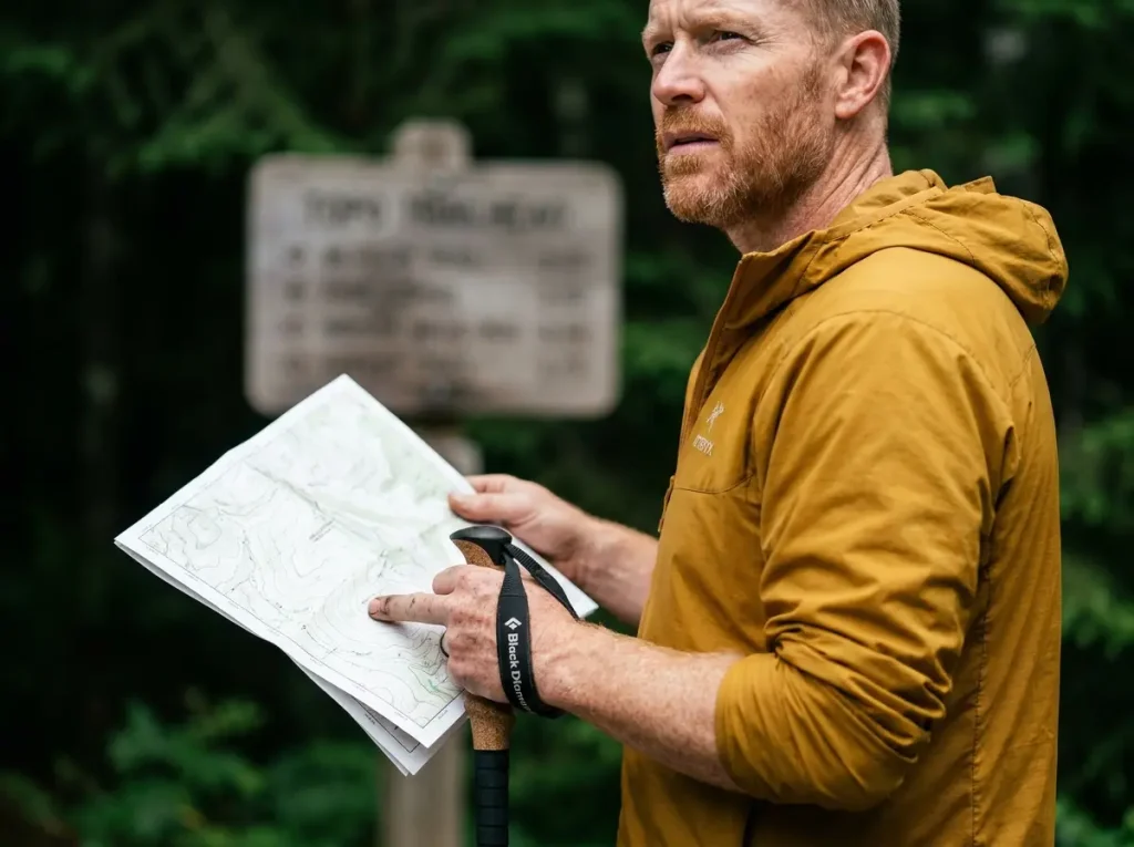 Competent hiker reading a topo map near a trailhead boundary to check jurisdiction