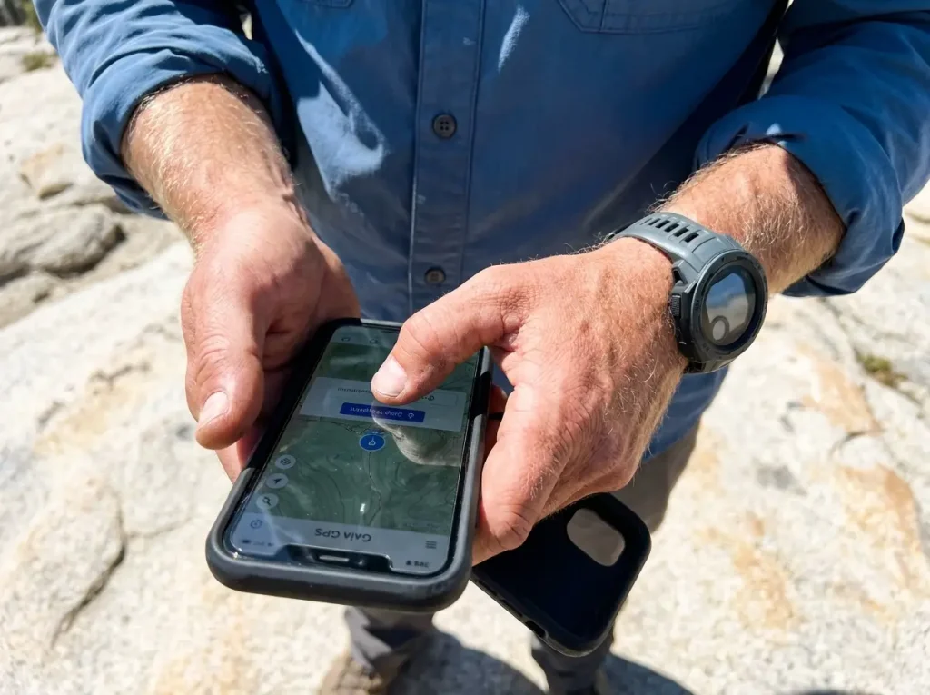 Hiker dropping a precise GPS waypoint on a smartphone app for a tip