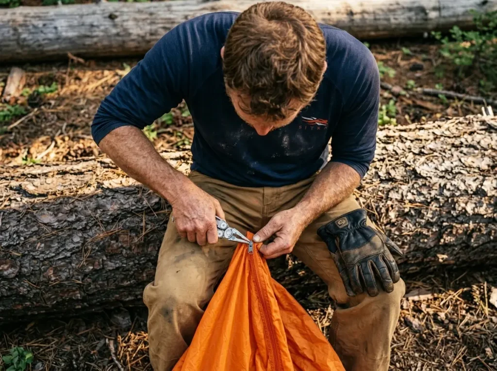 Backcountry guide using Leatherman pliers to squeeze and repair a tent zipper slider in the woods.