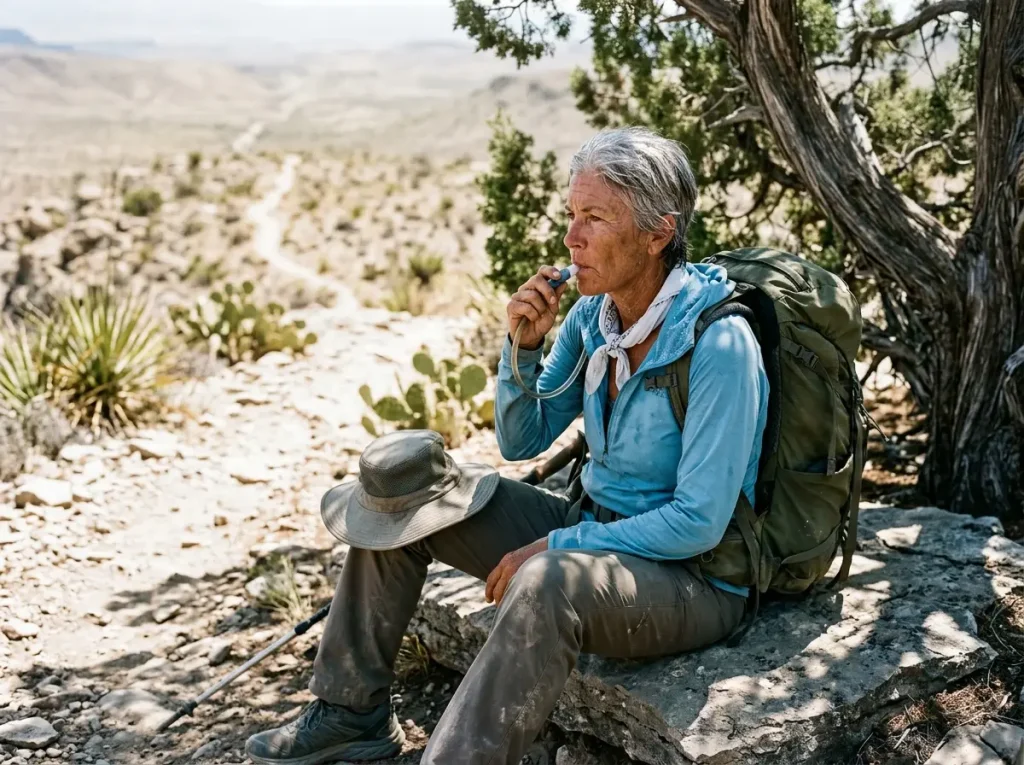 Veteran hiker analyzing the heat index safety matrix in sparse desert shade.