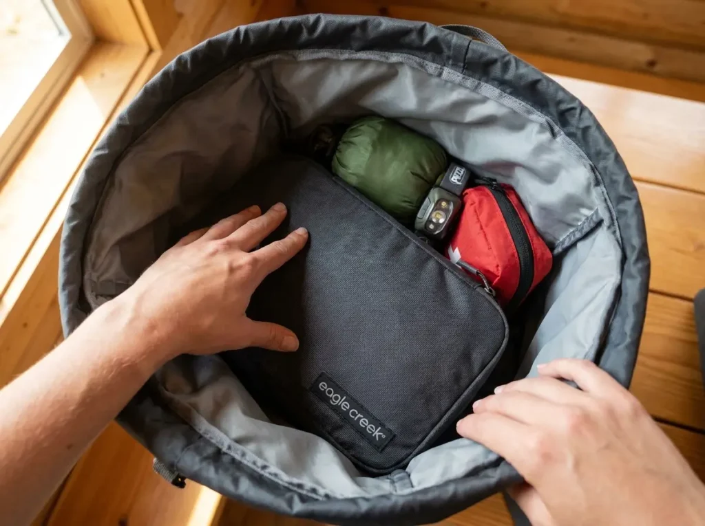 Rigid packing cube leaving dead space gaps inside cylindrical hiking backpack