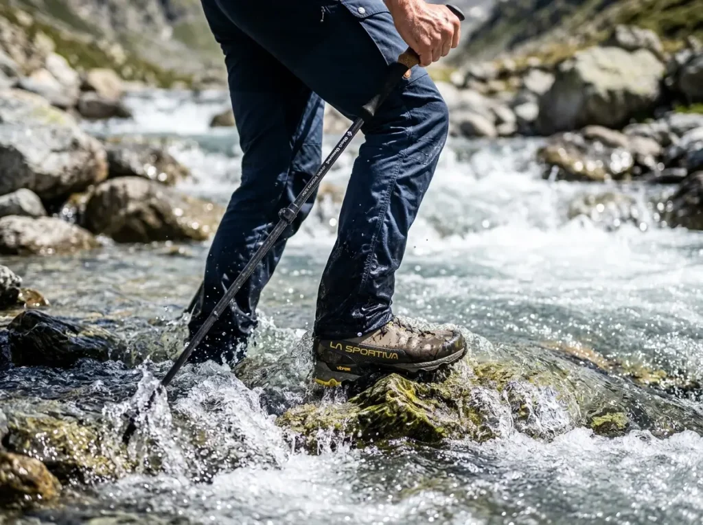 Close up of boots and trekking pole demonstrating how to cross a stream safely on foot.