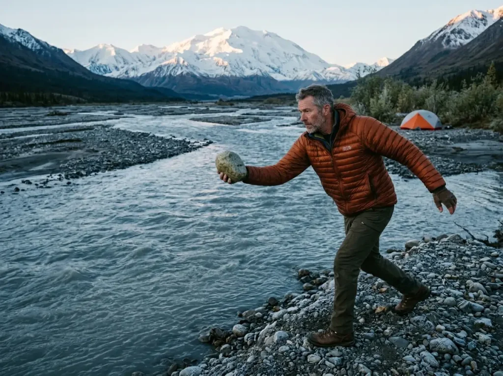Hiker testing water depth and speed to know how to cross a stream safely on foot.
