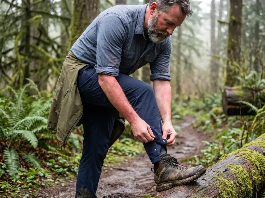 Hiker adjusting snap tab on rolled up hiking pants cuff on trail