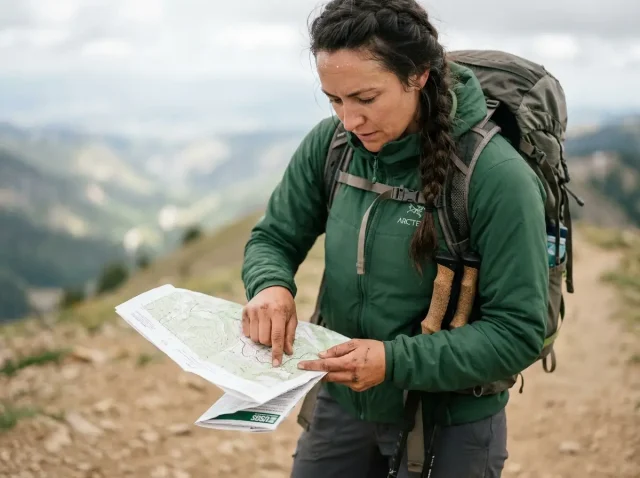 route-planning-contour-lines-hiking-map Female hiker planning a safe route using contour lines on a paper topographic map
