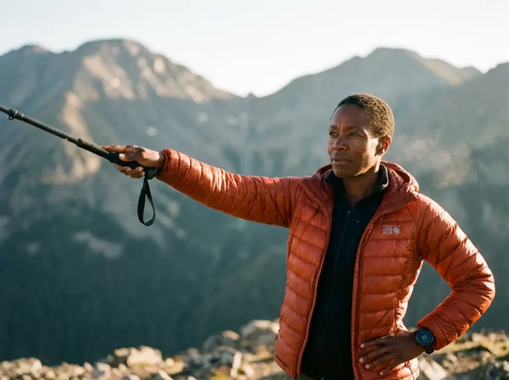 Experienced female guide pointing to a saddle terrain feature for optimal route strategy