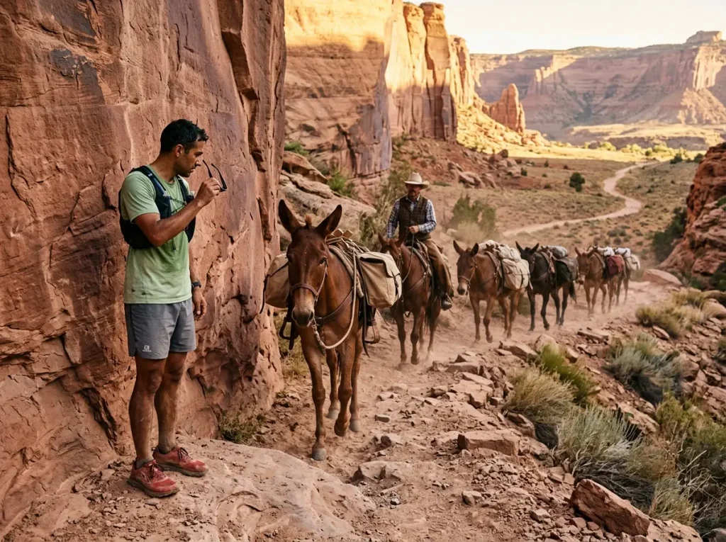 Trail runner safely yielding to an approaching mule train by stepping off the downhill edge of a narrow desert canyon singletrack.