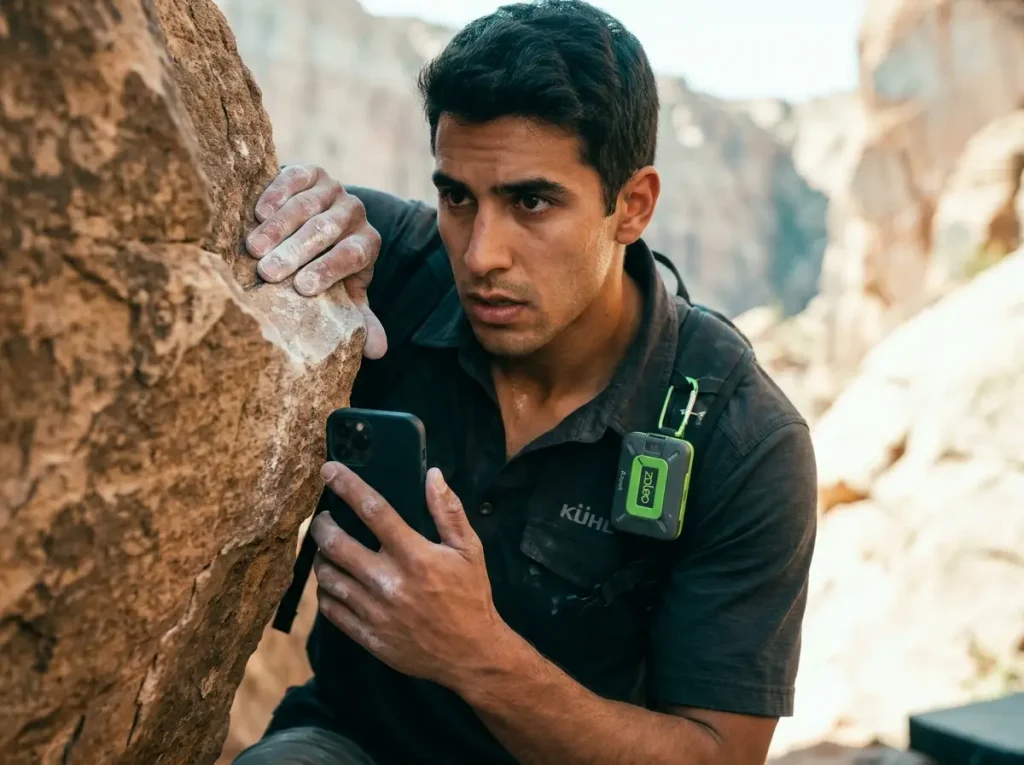 Hiker safely recording a distant trail violation using phone zoom from behind cover