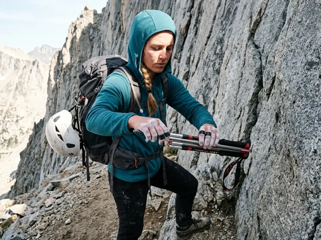 Stowing gear on technical terrain during trekking pole exercises for trail training