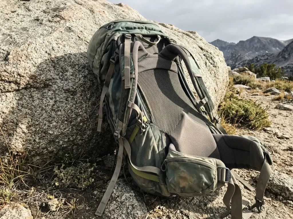 Worn internal-frame hiking backpack with a sagging back panel showing failed suspension