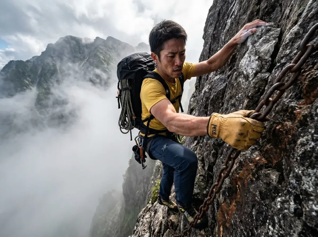 Athletic climber gripping heavy iron chains while scrambling up a steep fog-covered rock face in the mountains