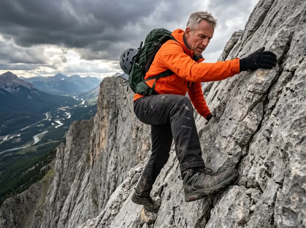 Experienced hiker confidently scrambling a sheer limestone wall using the sticky traction of technical mid-cut boots.