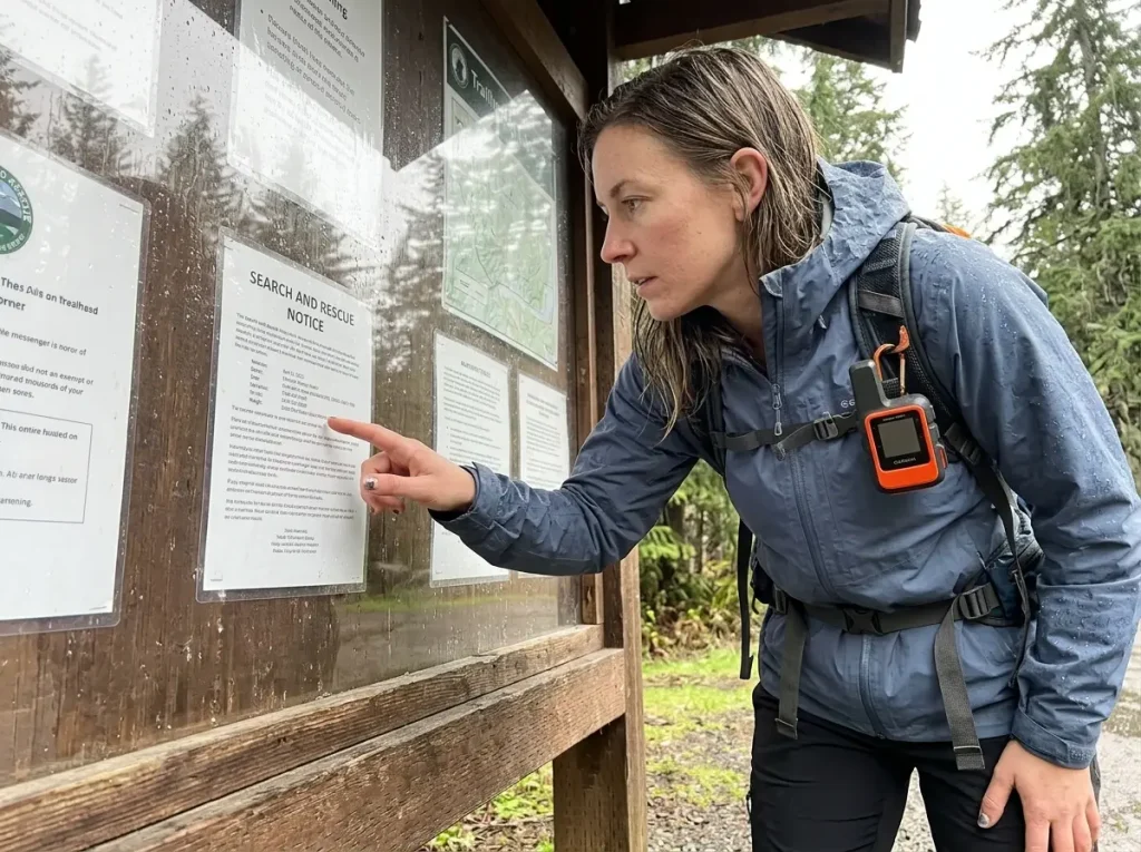 Hiker at a trailhead kiosk reading a SAR notice with a Garmin inReach Mini 2 clipped to the pack