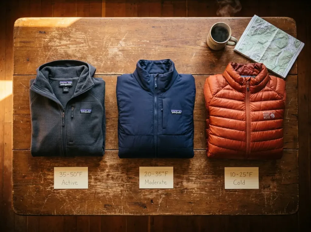 Three separate mid-layer jackets laid out showing different insulation options