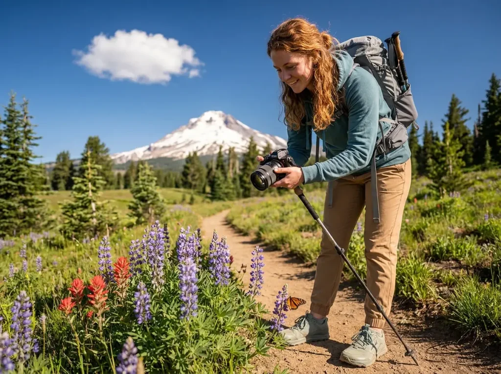 Hiker with one trekking pole and camera in free hand photographing mountain wildflowers