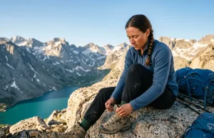 When to Size Up Hiking Footwear the Right Way Female hiker adjusting laces on Salomon hiking boots on an alpine ridge.