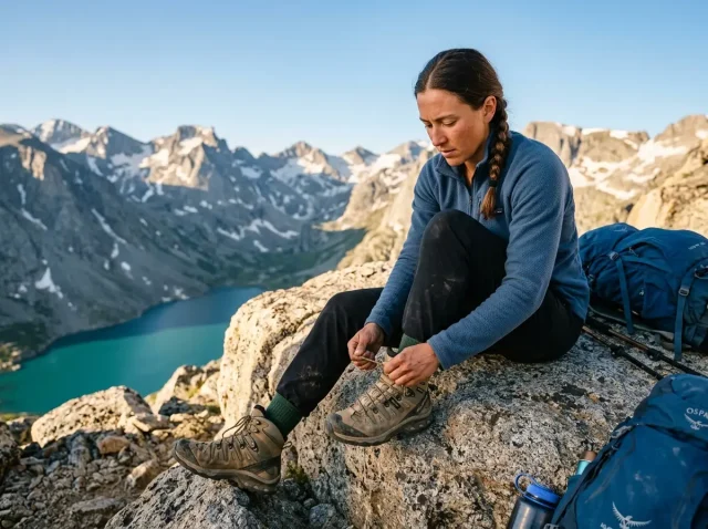 size-up-hiking-footwear Female hiker adjusting laces on Salomon hiking boots on an alpine ridge.