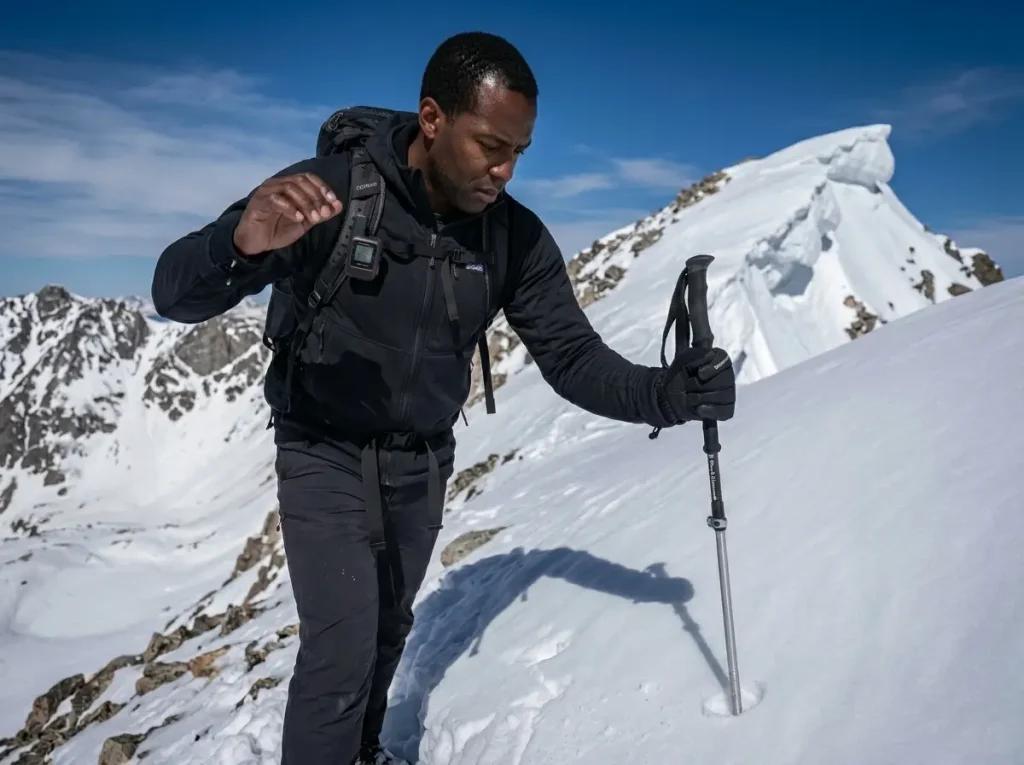 Backcountry hiker checking wind slab by tapping with pole — slab avalanche risk assessment on exposed ridge 