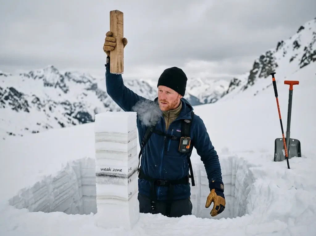 Hiker performing Extended Column Test in snowpit to assess slab fracture propagation — snow stability test 