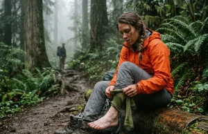 Your Sock Rotation Is Wrong and Blisters Prove It Female hiker resting on a switchback changing a wet Darn Tough sock to manage her sock rotation strategy.
