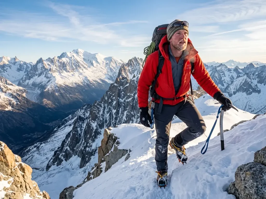 Male hiker climbing steep snow ridge wearing softshell pants vs hardshell for winter hiking