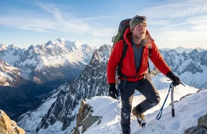 Softshell vs Hardshell Pants for Winter Hiking Male hiker climbing steep snow ridge wearing softshell pants vs hardshell for winter hiking
