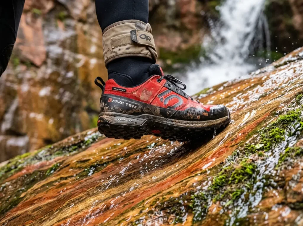 Technical canyoneering shoe gripping a slippery wet sandstone surface