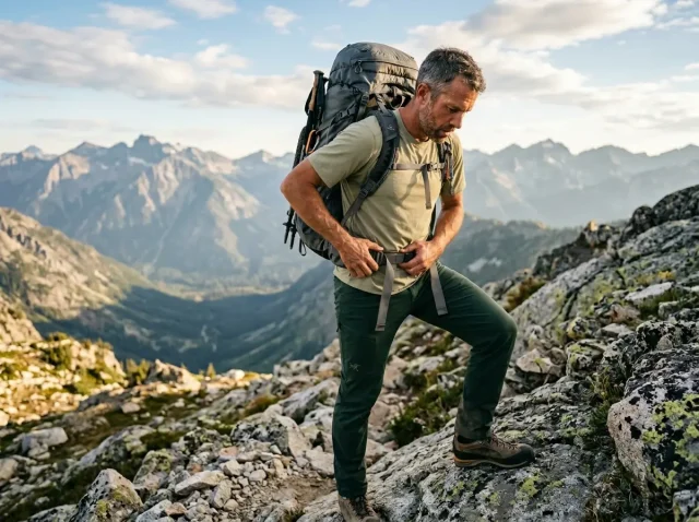stop-hiking-pants-falling-down Backpacker adjusting hip belt to stop hiking pants falling down under a pack