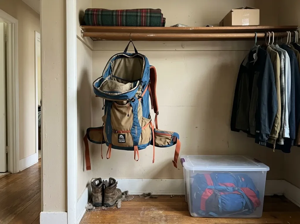 Hiking backpack hung loosely to air-dry in a cool closet instead of sealed in a hot garage tote