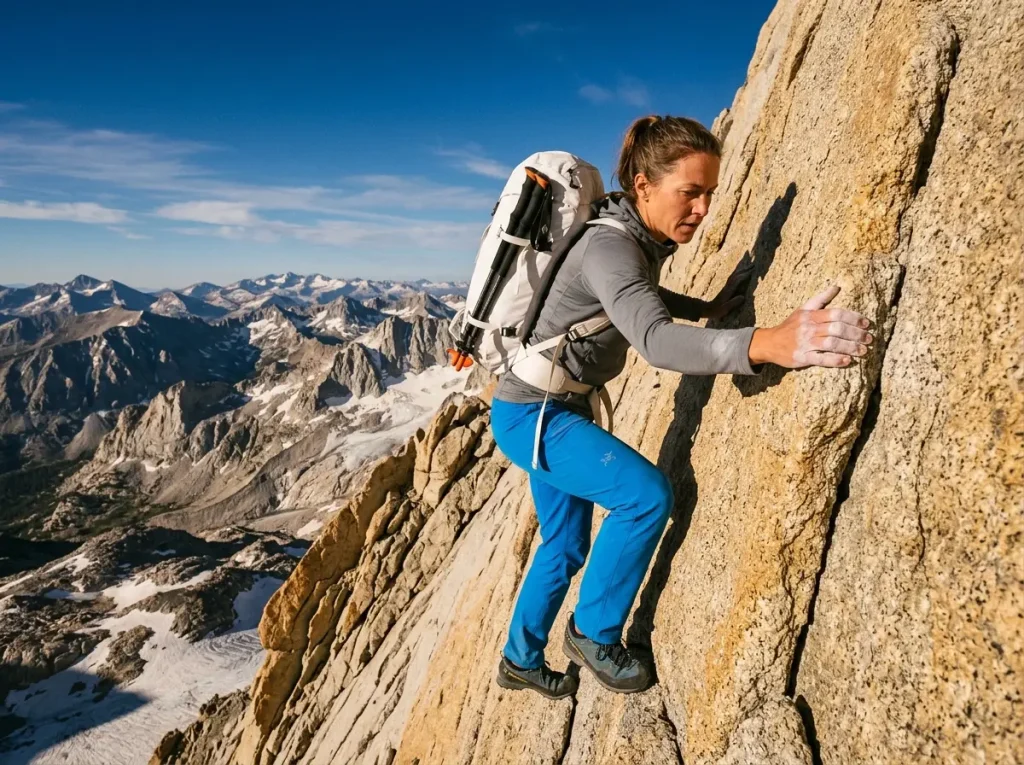 Hiker safely scrambling steep technical rock with trekking poles attached to backpack