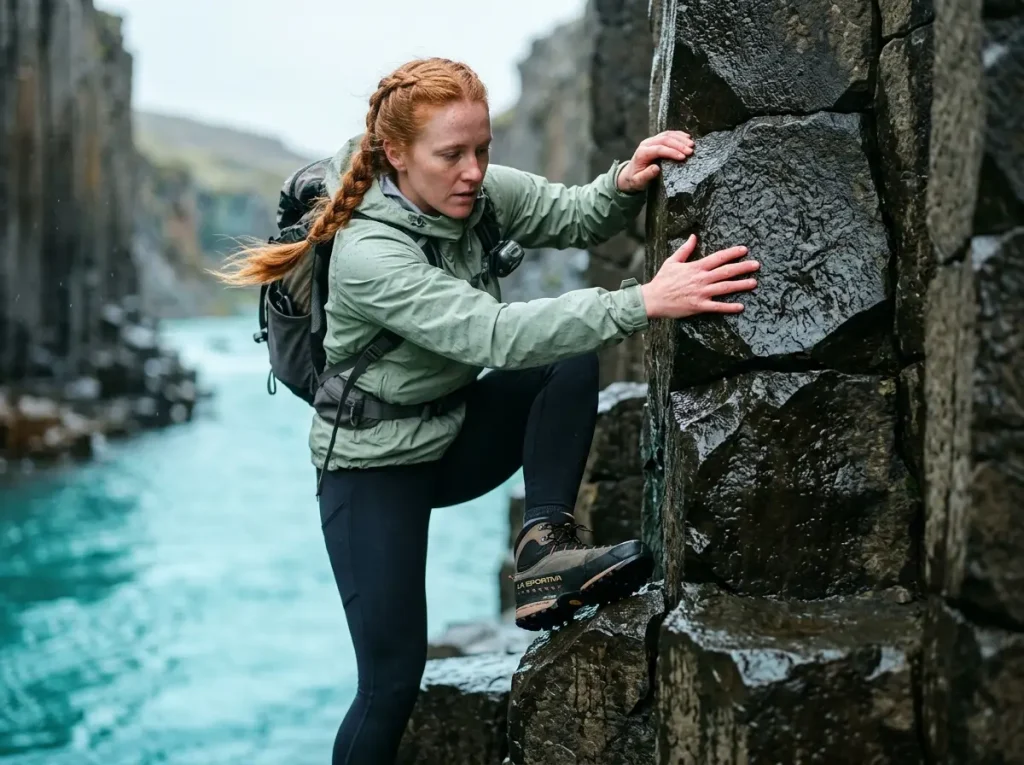 Female hiker scrambling on wet hexagonal basalt columns at Stuðlagil East Bank, East Iceland Ring Road