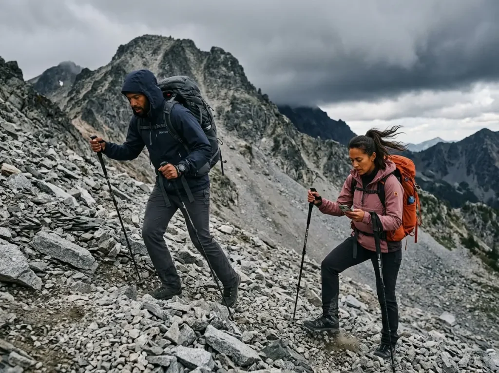 Two hikers on steep talus slope above treeline showing summit fever and push-on mentality