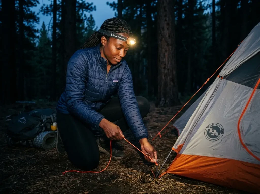 Female hiker setting up her outdoor tent swiftly before dusk to prevent sundowning anxiety.