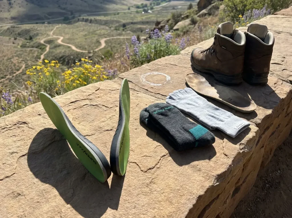 Superfeet Green insole next to merino wool hiking socks on trail