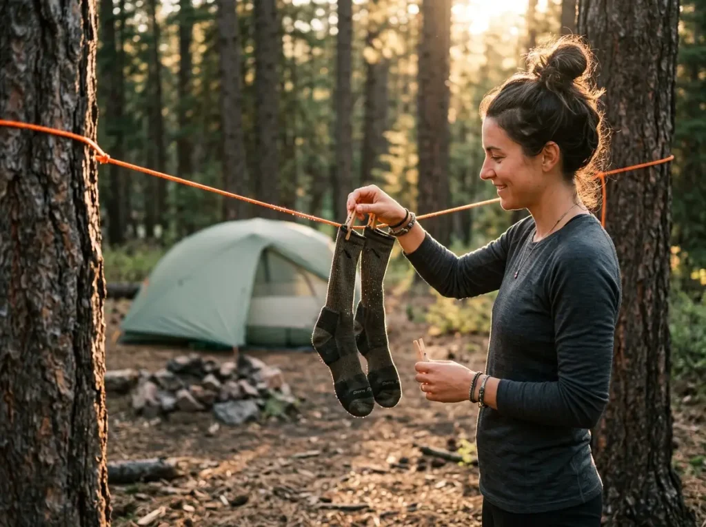 Female camper gently hanging Darn Tough merino wool socks to air dry on a paracord line