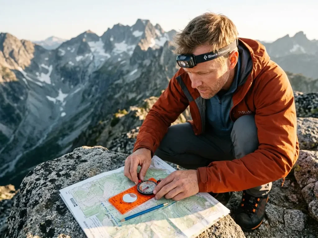 Hiker setting declination on Suunto MC-2 baseplate compass using USGS topo map on ridge