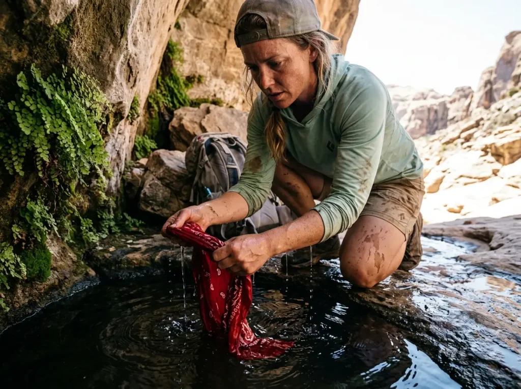 Female hiker employing the swamp cooler technique with a wet cotton bandana.
