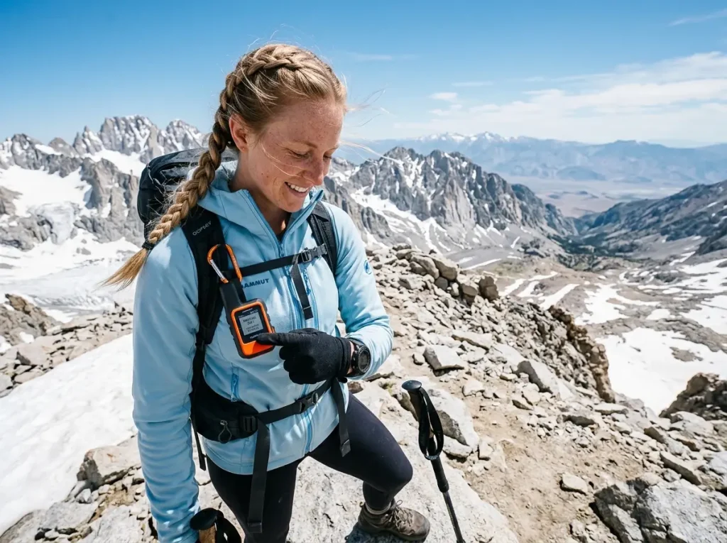 Hiker using a Garmin inReach Mini satellite messenger as a safety net
