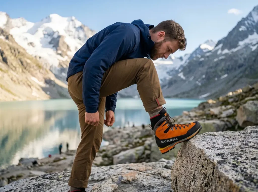 Testing heel lift fit on a technical mountaineering boot on rock edge