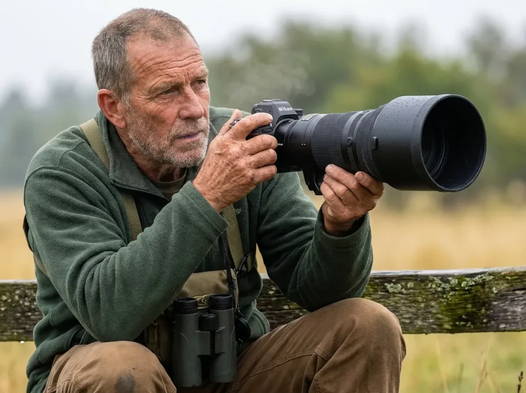 Photographer using long telephoto lens for safe wildlife viewing