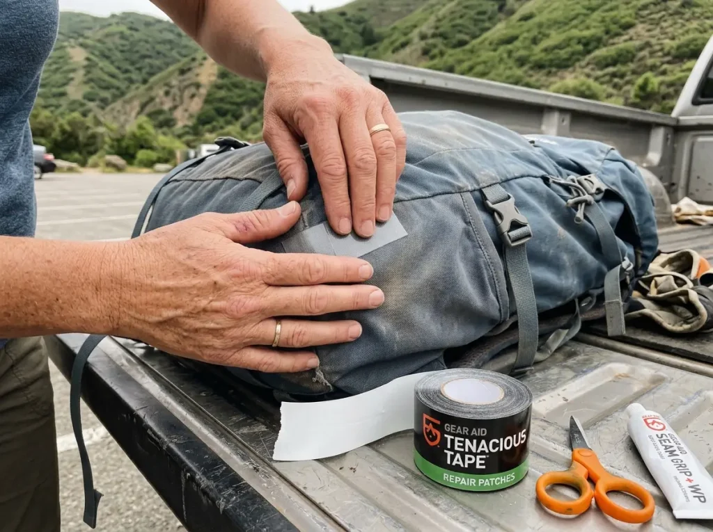 Patching a torn hiking backpack with Gear Aid Tenacious Tape instead of replacing the pack