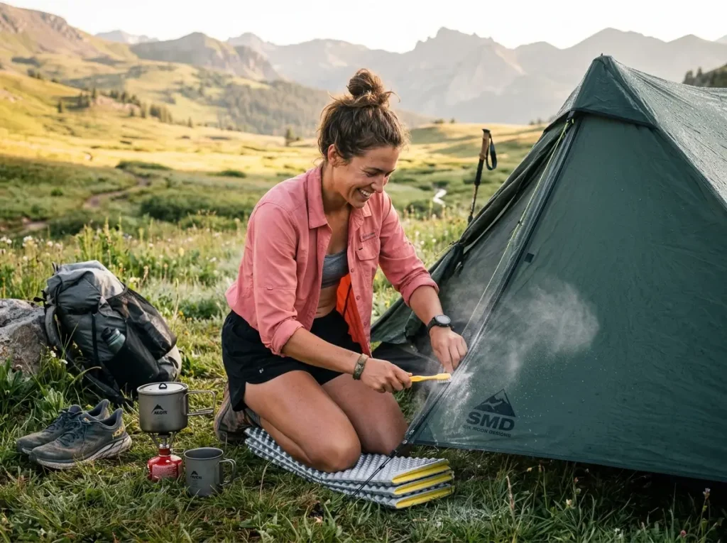 Thru-hiker cleaning dust off her tent zipper with a dry toothbrush as part of daily trail maintenance.
