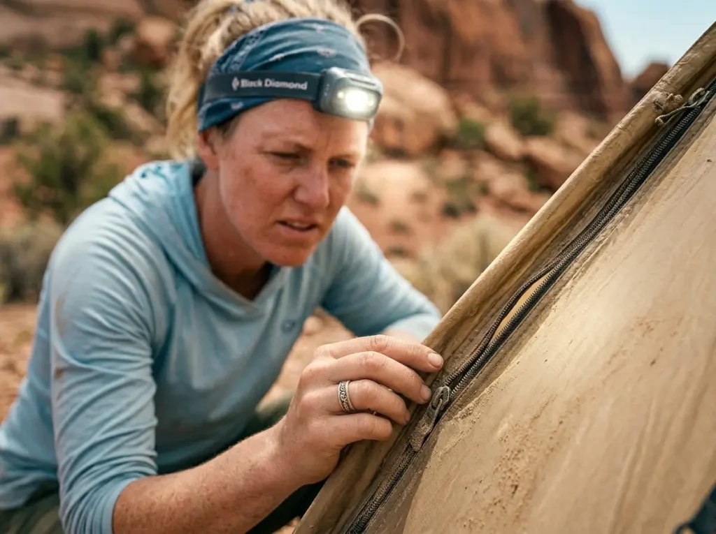 Female hiker using a headlamp to inspect a separated tent zipper track in a dusty desert landscape.
